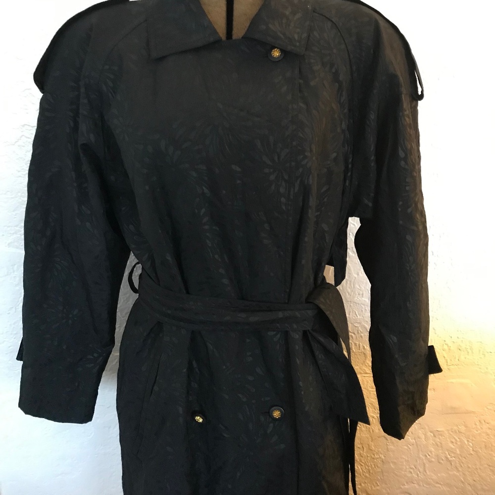 Portrait long black patterned raincoat